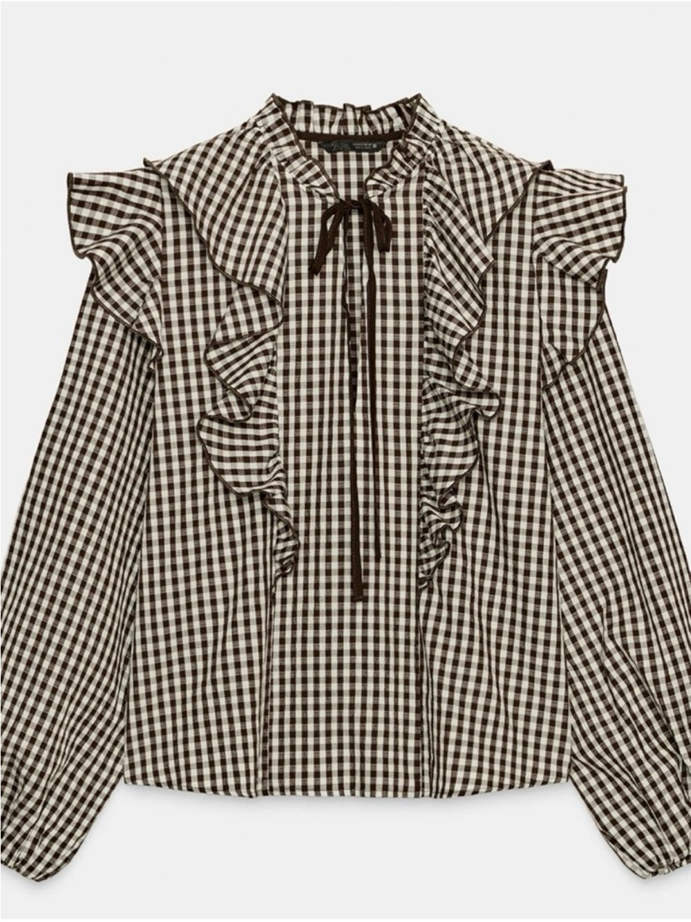 Zara Black & White Gingham Ruffle Tie-Neck Blouse with Contrast Trim